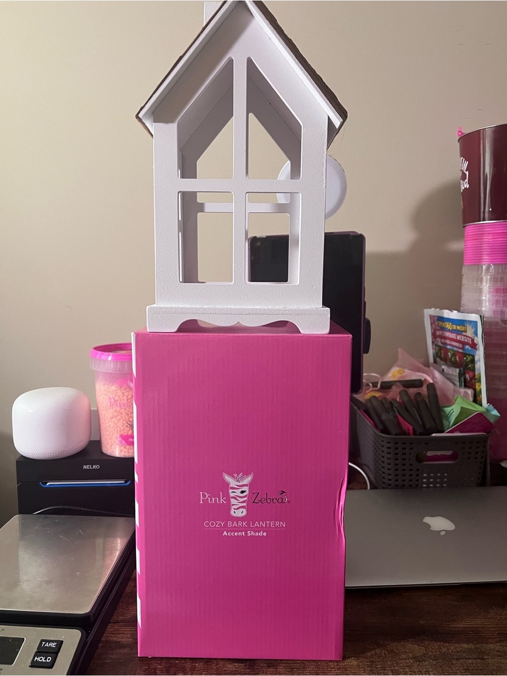 Pink Zebra White Lantern Accent with Pink Box Cozy Bark Lantern